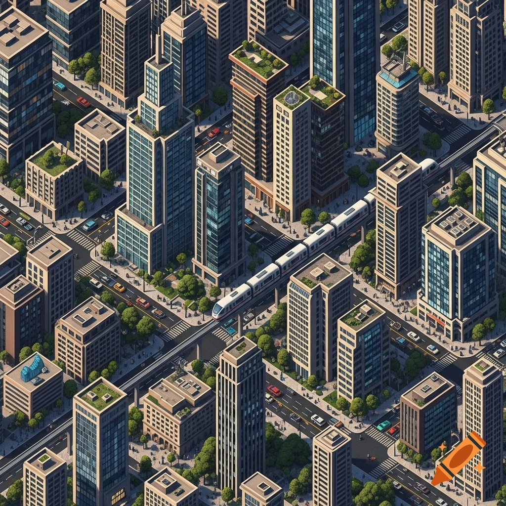 An isometric view of a busy modern city with tall buildings, roads, cars, and an elevated train passing through.