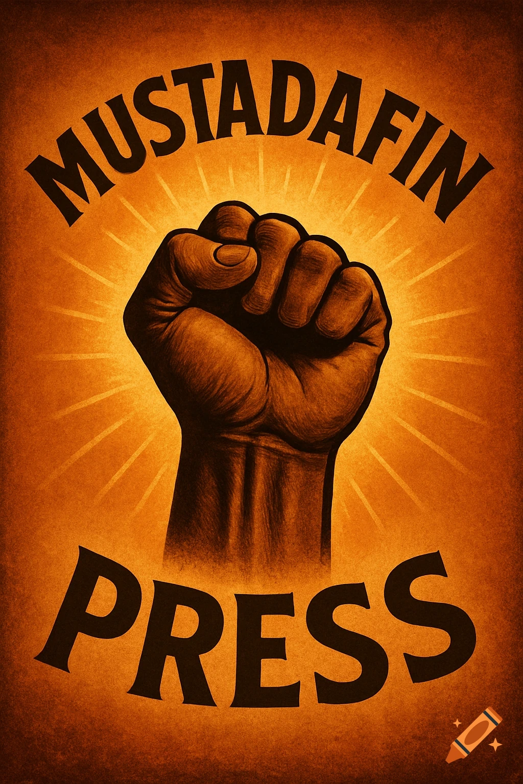 A vintage-style poster depicting a raised clenched fist with text 'MUSTADAFIN PRESS' on an orange background.