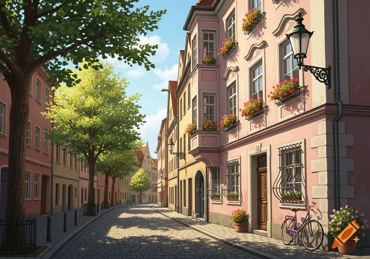 A charming, tree-lined cobblestone street with colorful old European buildings, window flower boxes, and a bicycle parked by a pink building.