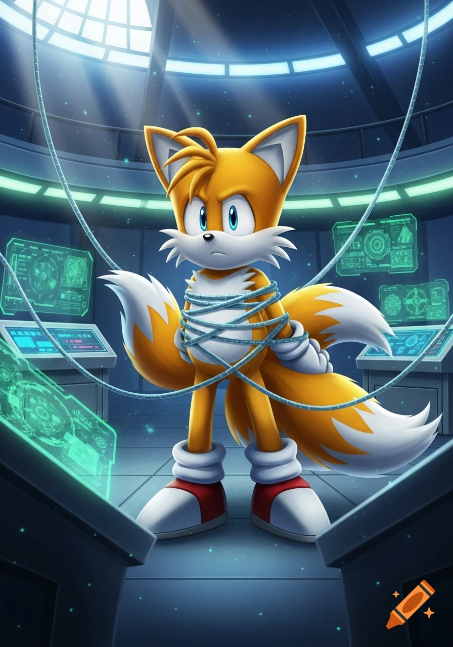 Cartoon character Tails the fox, tied with cables, stands in a futuristic control room with glowing screens.