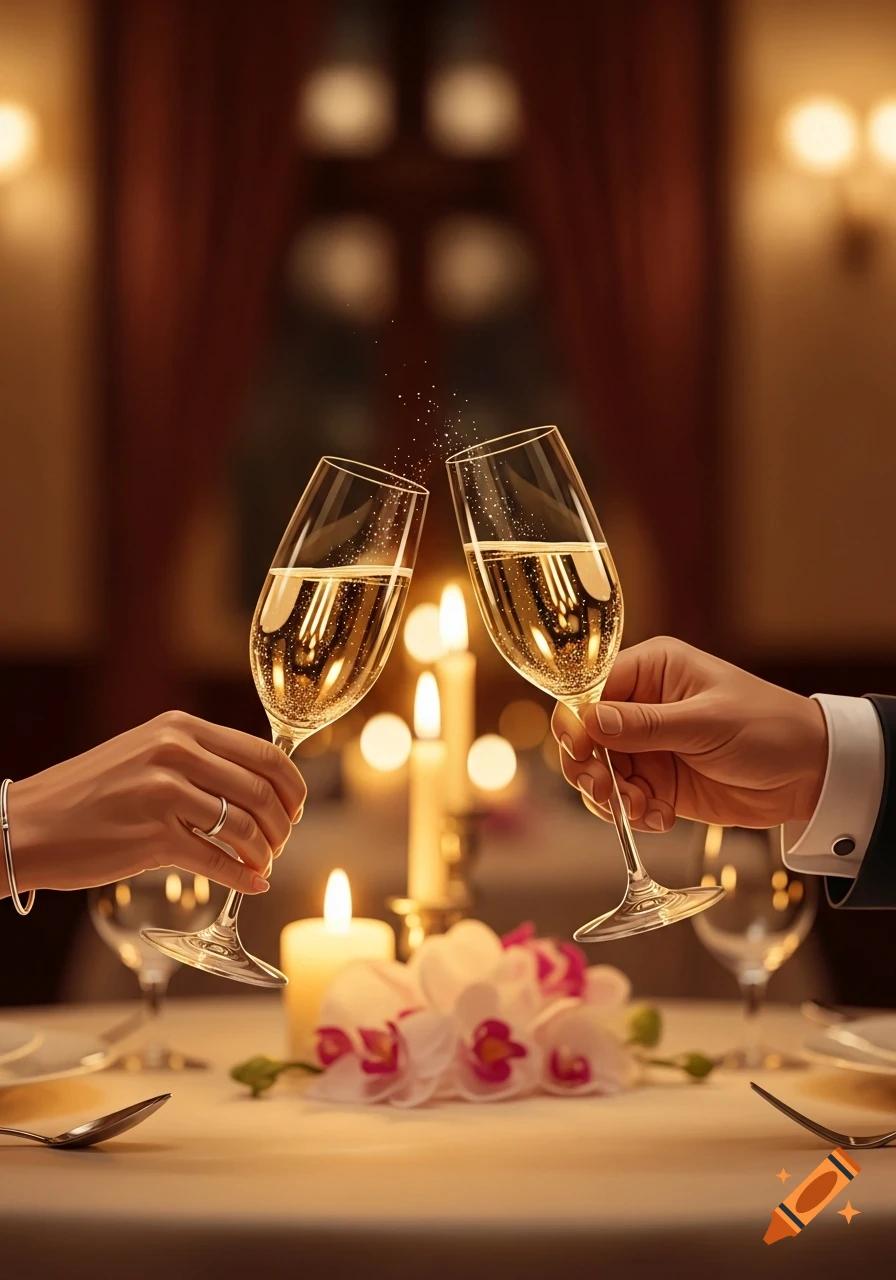 Two hands clinking champagne glasses over a romantic candlelit dinner table with flowers.