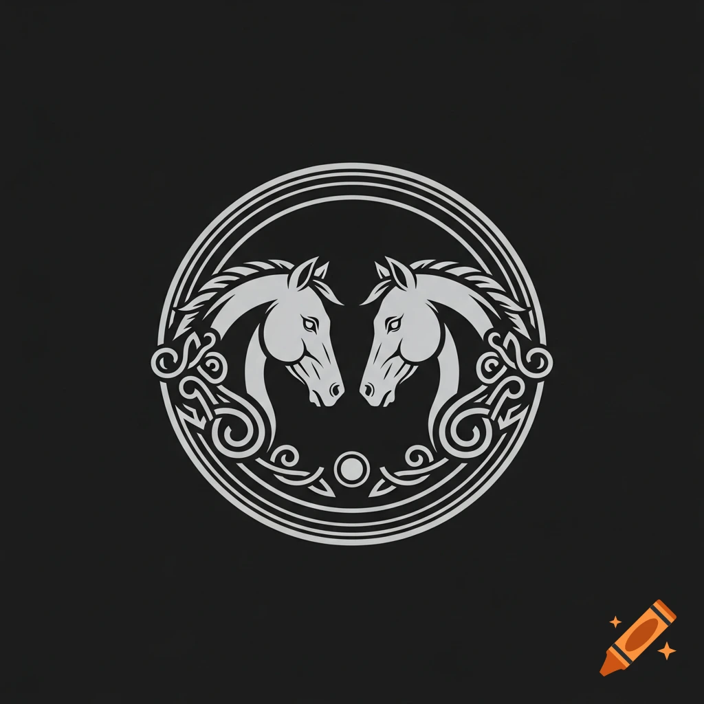 A symmetrical heraldic logo featuring two horse heads facing each other, encircled by a double border with Celtic-inspired ornamental swirls on a dark background.