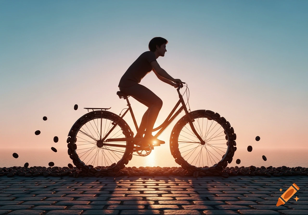Silhouette of a person riding a bicycle with coffee bean tires on a stone path at sunset by the ocean.