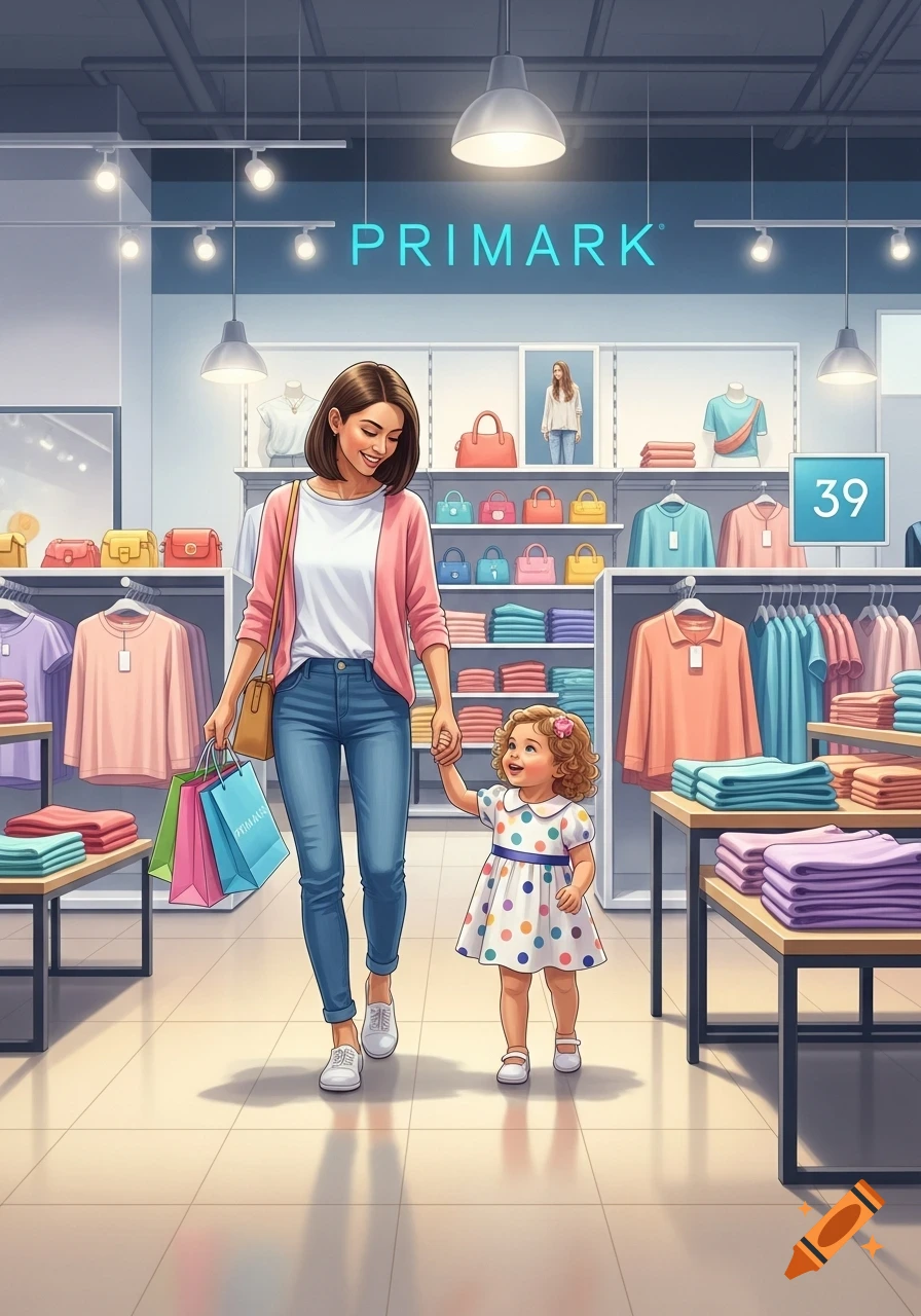Illustrated image of a smiling mother and her young daughter walking hand-in-hand through a bright clothing store.
