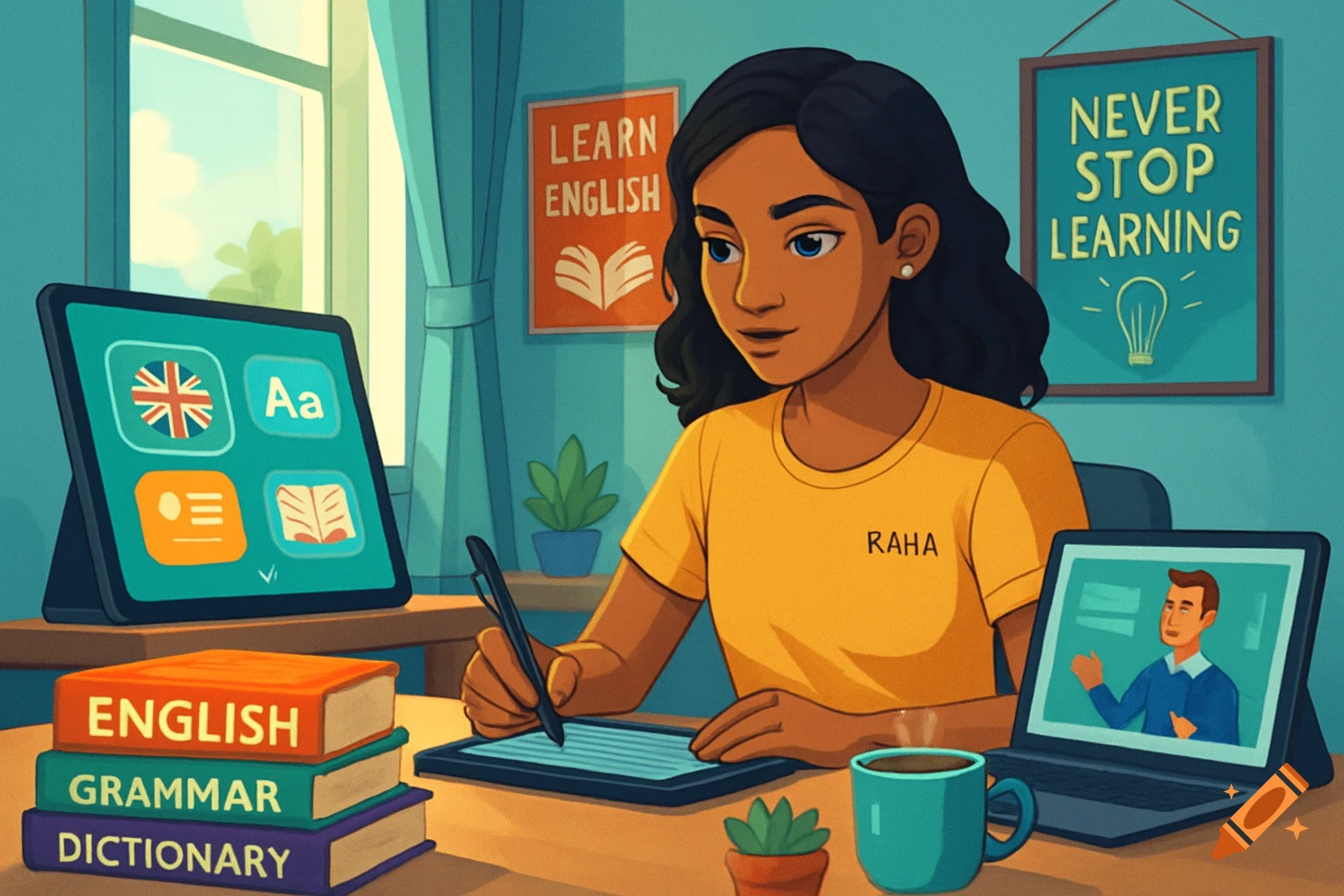 An illustrated young woman with dark hair sits at a desk, studying English from books, a tablet, and a laptop. Posters on the wall encourage learning.