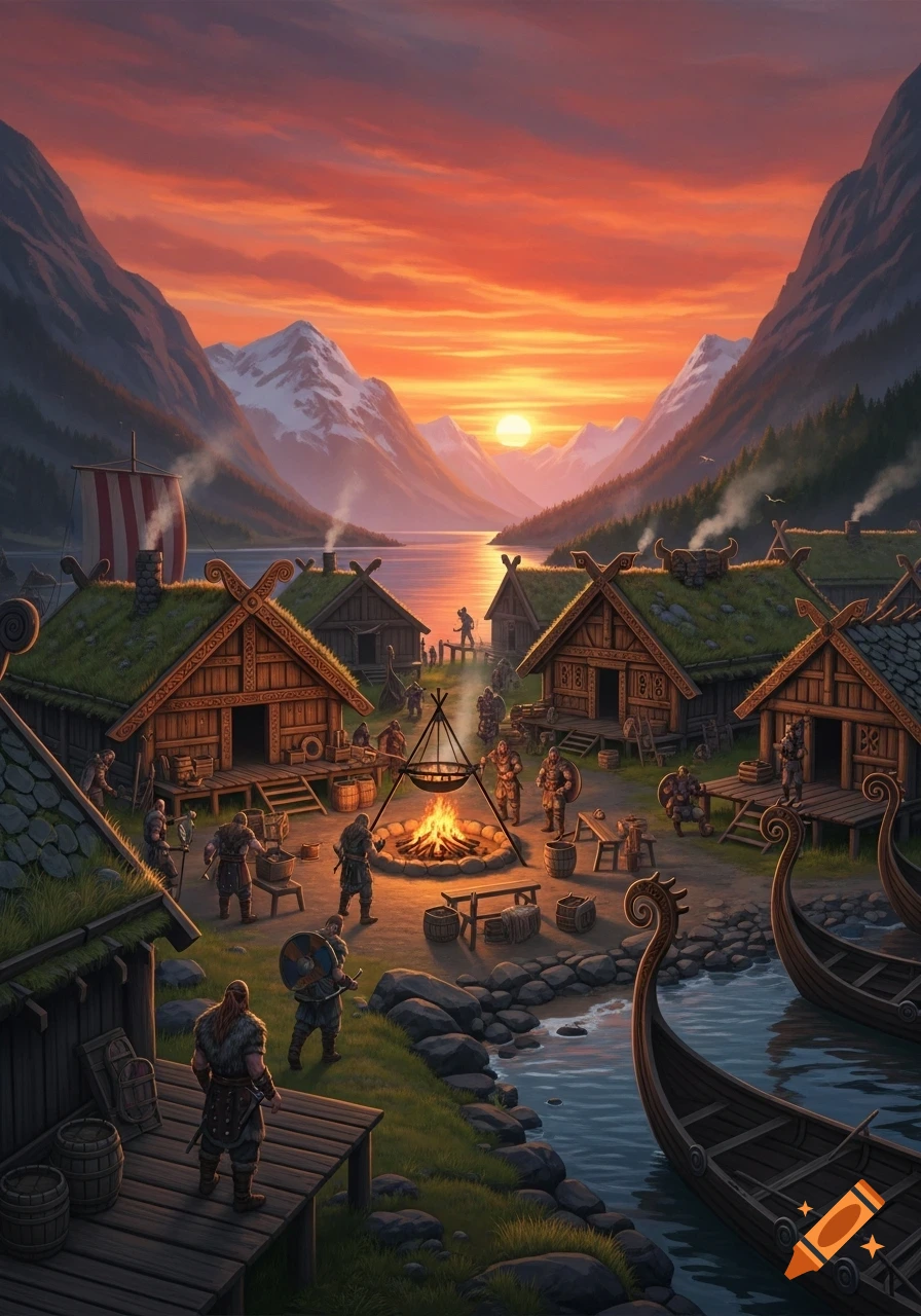 An illustrated Viking village by a fjord at sunset, with villagers around a campfire and longboats docked.