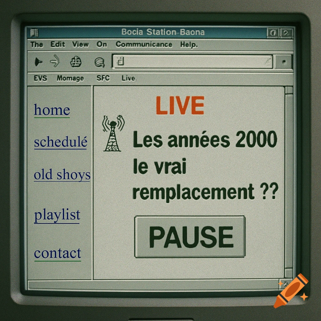 A screenshot of a retro 1999 internet radio website interface, displaying a 'LIVE' podcast titled 'Les années 2000 le vrai remplacement ??' with a 'PAUSE' button and navigation links.