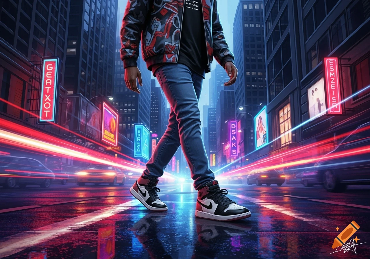 A person walks down a rain-slicked city street at night, illuminated by vibrant neon signs and streaking car lights in a photorealistic style.