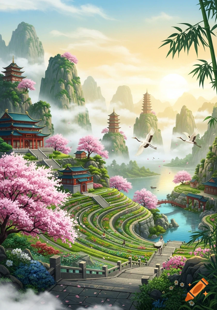 A vibrant, idyllic fantasy landscape with traditional Chinese architecture, cherry blossoms, terraced gardens, misty mountains, a river, and flying cranes.
