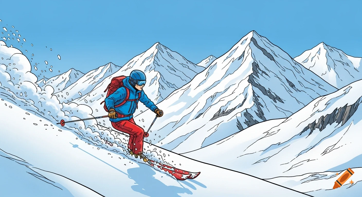 A comic illustration of a skier in a blue jacket and red pants skiing down a snowy mountain with snow-capped peaks in the background under a blue sky.