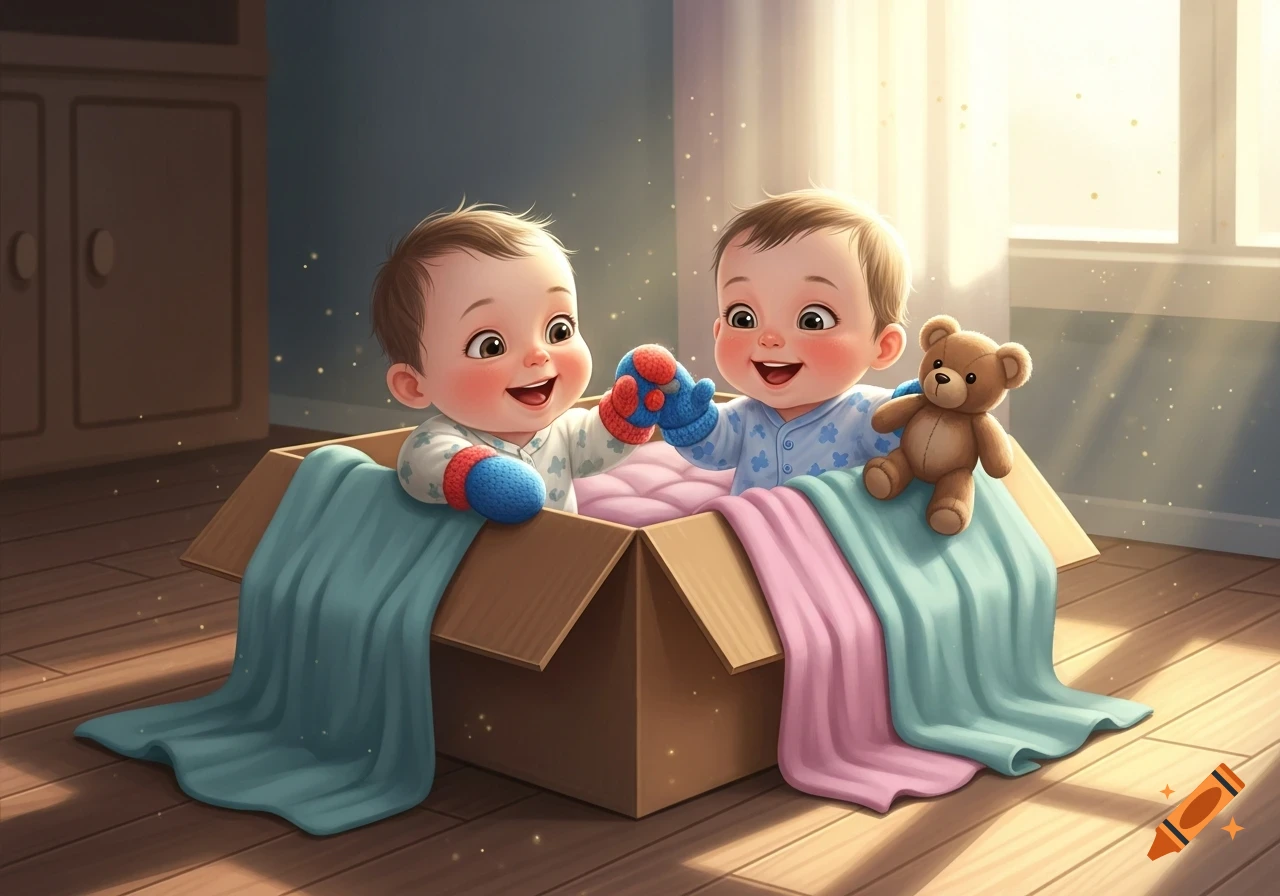Two happy babies in a cardboard box with colorful blankets and a teddy bear, bathed in soft light.