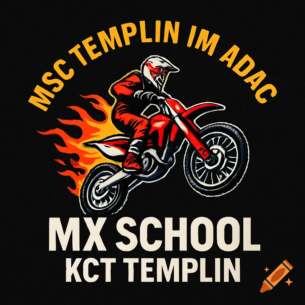 A logo featuring a motocross rider on a bike with flames, centered between arched yellow text 'MSC Templin im ADAC' and white text 'MX School KCT Templin' on a black background.