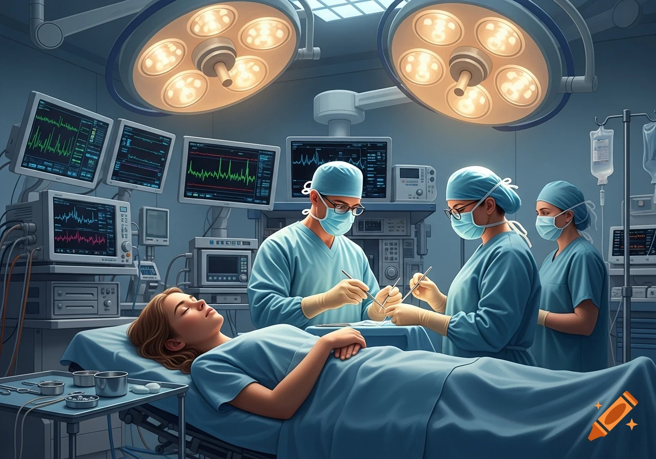 Surgical team operates on a patient in a bright operating room, surrounded by medical monitors and equipment, photorealistic style.