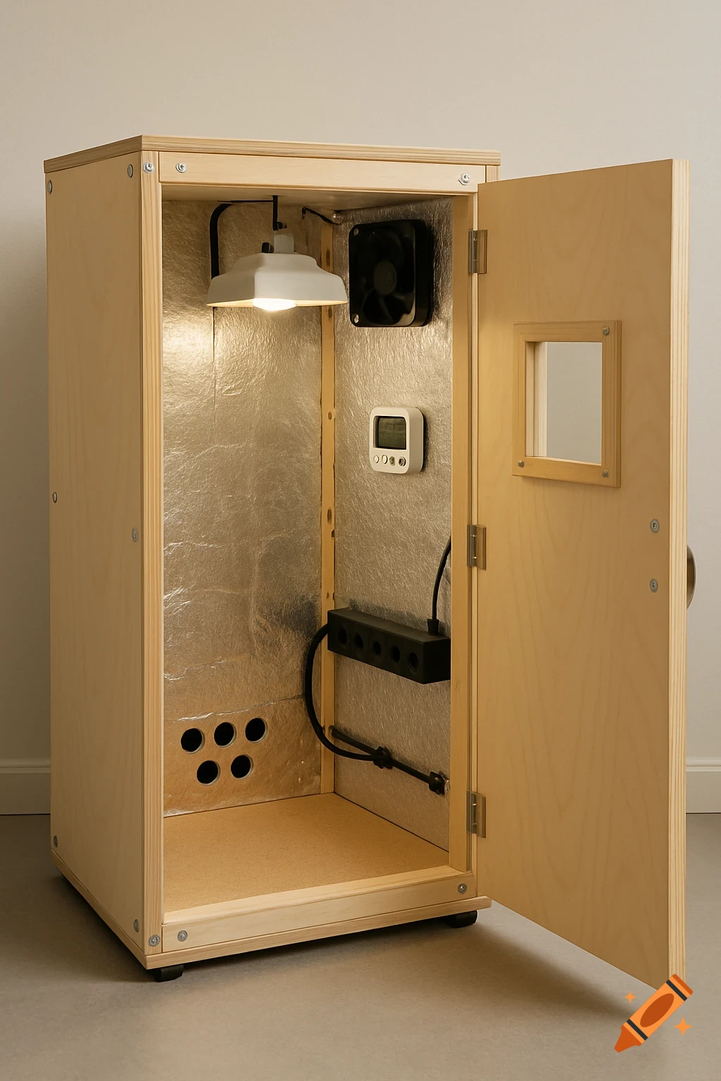 A custom-built wooden grow box with its door open, revealing a reflective interior, a hanging grow light, an exhaust fan, a power strip, and a digital thermometer/hygrometer.