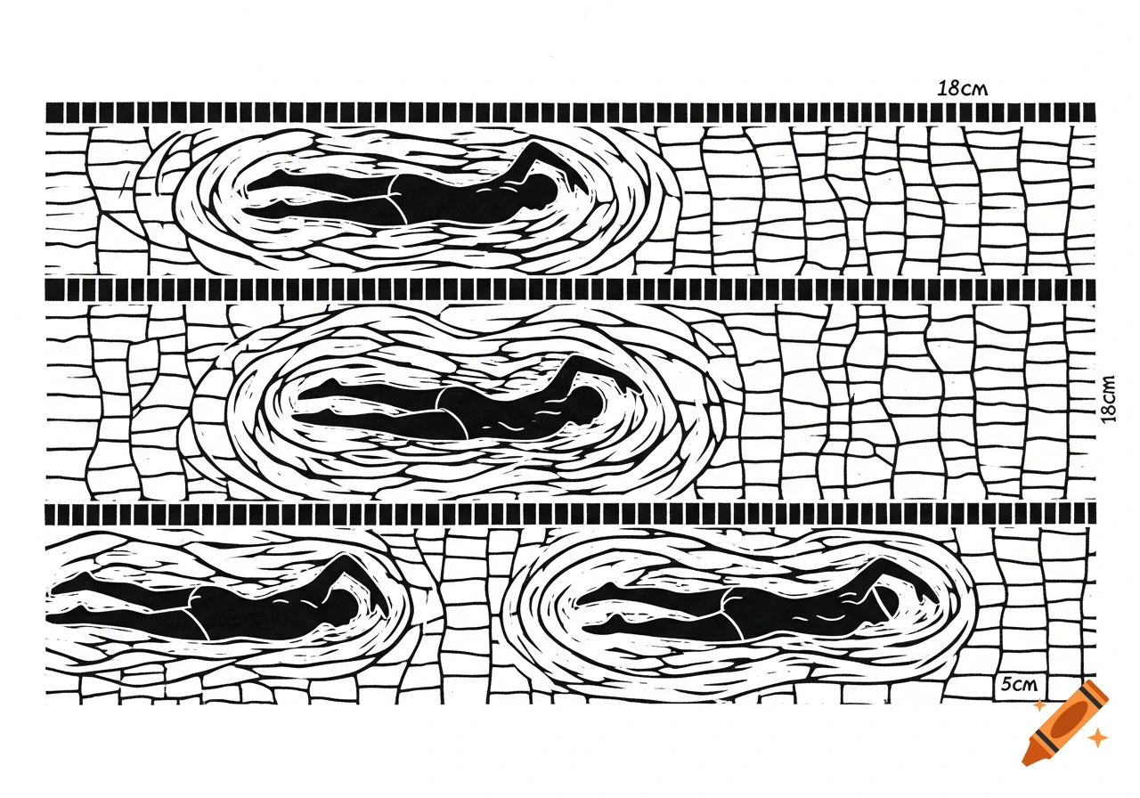 Black and white linocut of three stylized swimmers in a pool, viewed from above, with 18cm and 5cm dimensions.