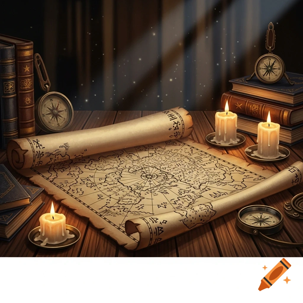 An unrolled old map with compasses, books, and lit candles on a wooden table, evoking a sense of mystery and adventure.