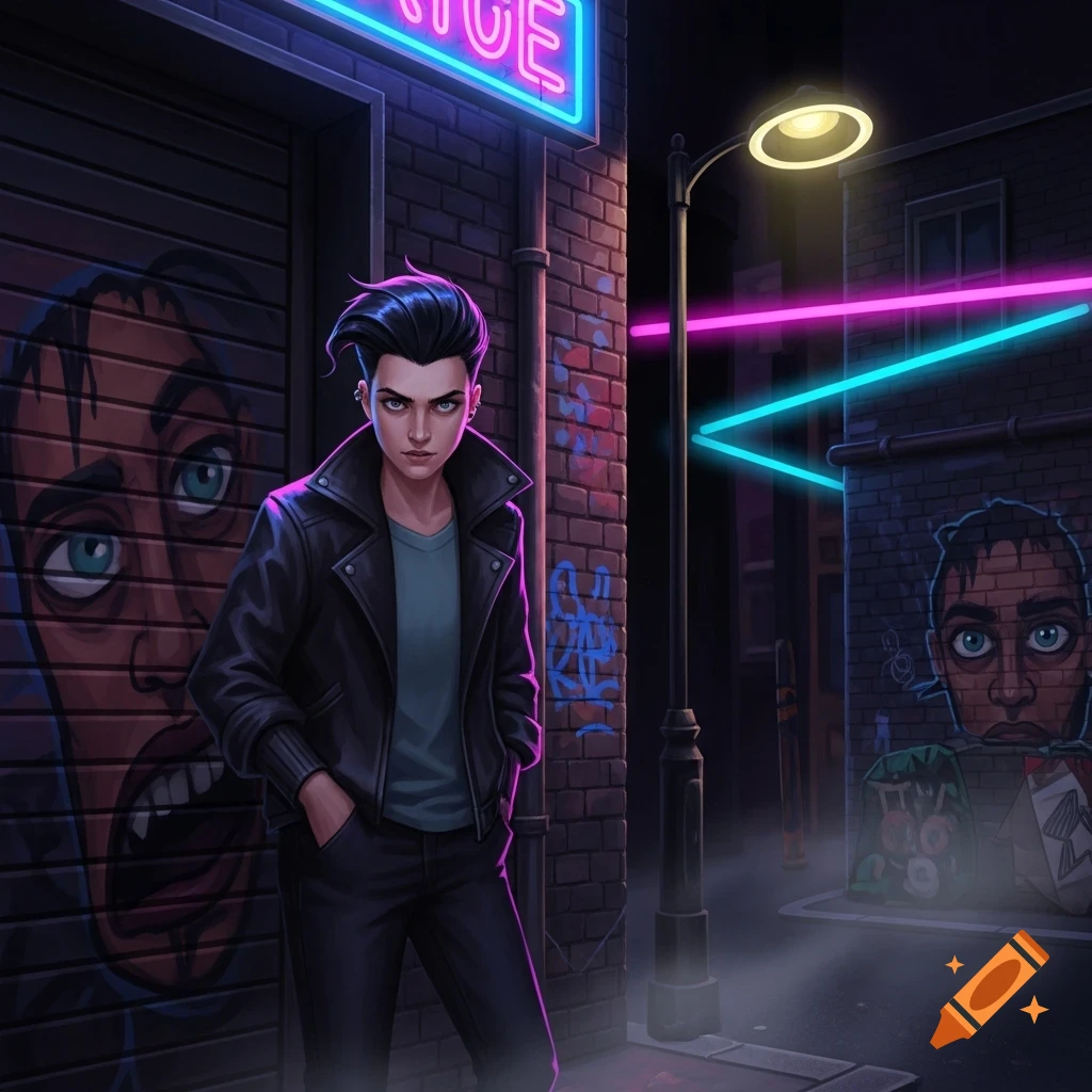 A stylized illustration of a person with dark hair and a leather jacket standing in a dark alley with neon lights and graffiti. A street light illuminates the scene.