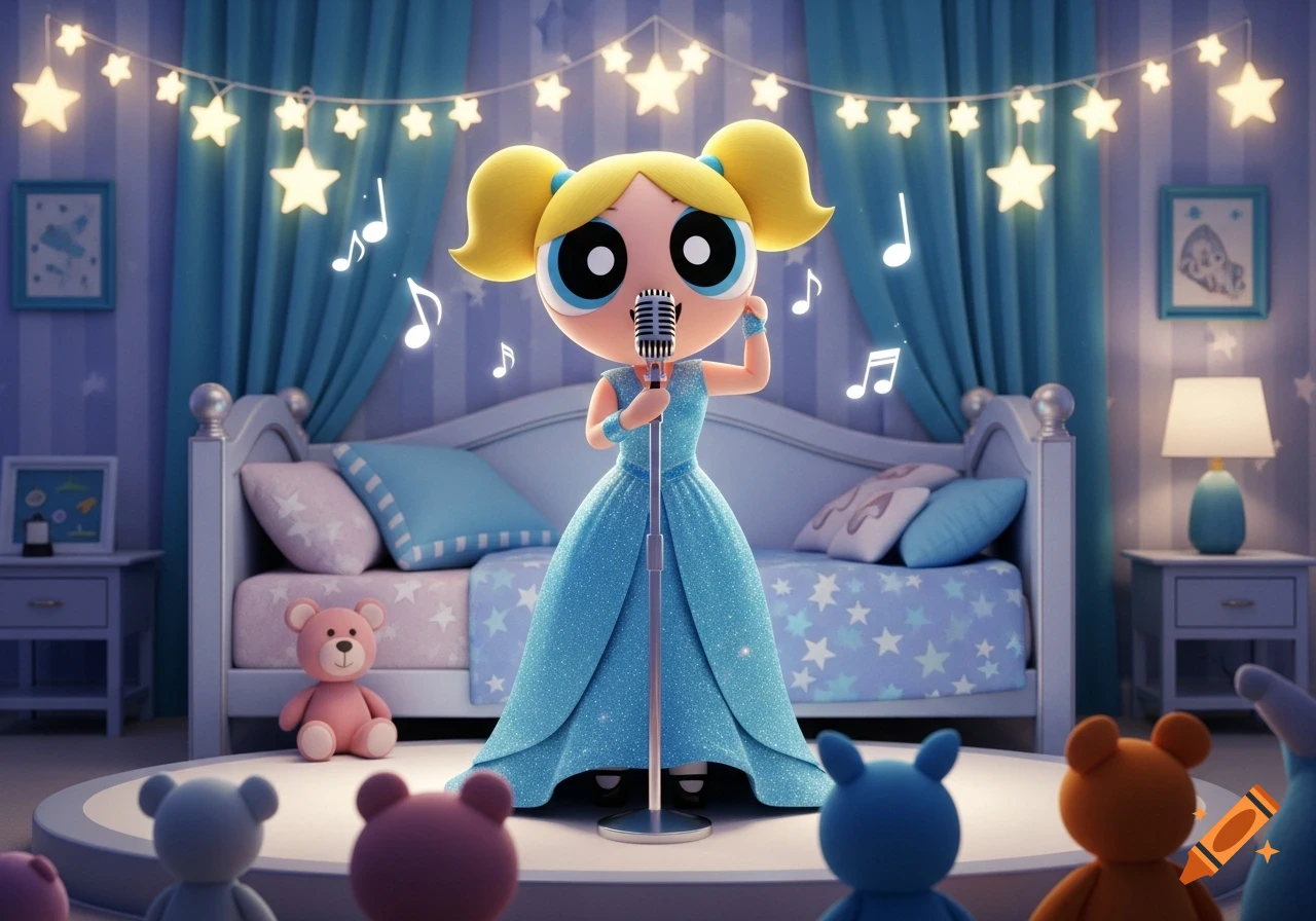Powerpuff Girl Bubbles in a sparkly blue gown sings into a microphone on a stage in a child's bedroom with star lights, 3D art.