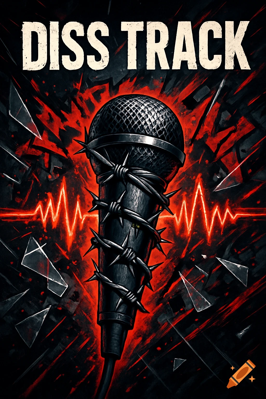 A microphone wrapped in barbed wire with a red sound wave and broken glass, under "DISS TRACK" text, in a gritty style.