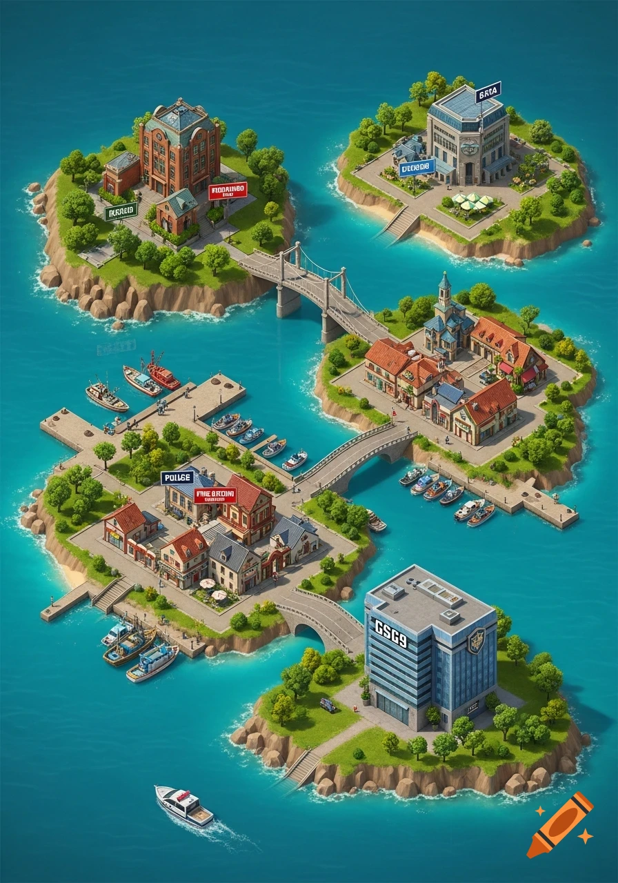 An isometric view of several small islands connected by bridges, featuring stylized villages and cities with various buildings, a harbor with boats, and lush green trees, surrounded by blue water.