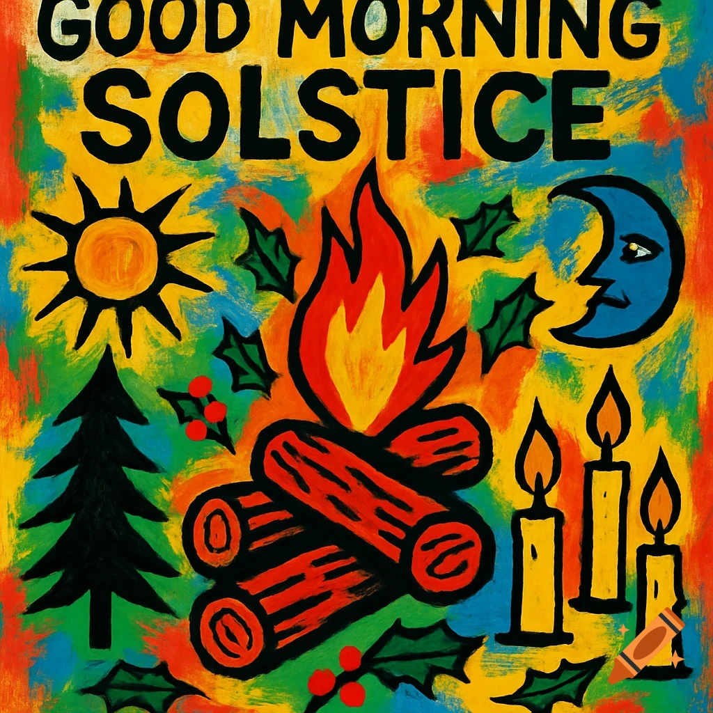 A colorful, stylized poster reads 'Good Morning Solstice' with a sun, moon, bonfire, candles, evergreen, and holly in a Basquiat-like style.