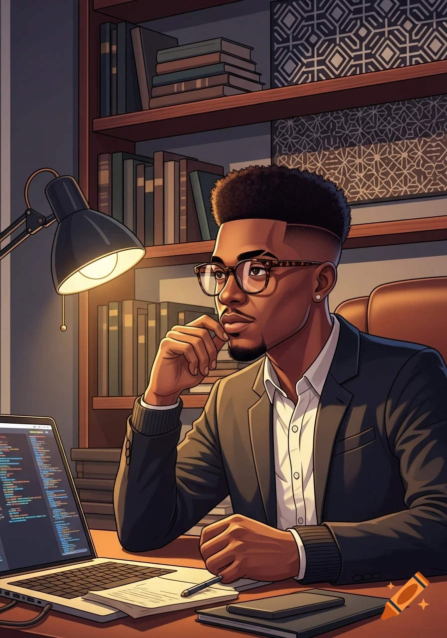 Illustration of a man with glasses and a fade haircut, working intently on a laptop at a desk with books in the background.