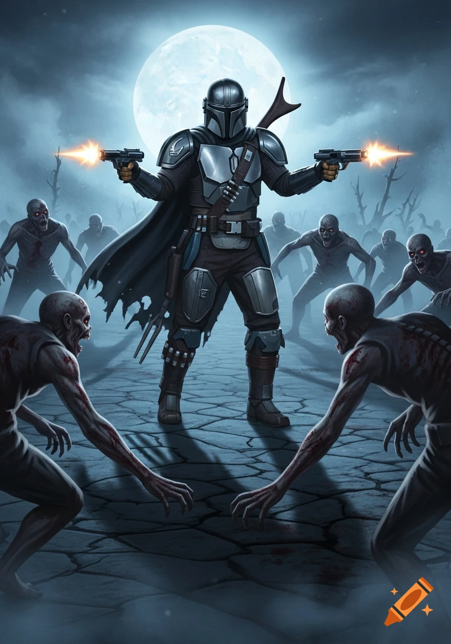 The Mandalorian fires two pistols, surrounded by a horde of zombies under a large full moon in a dark, desolate landscape.