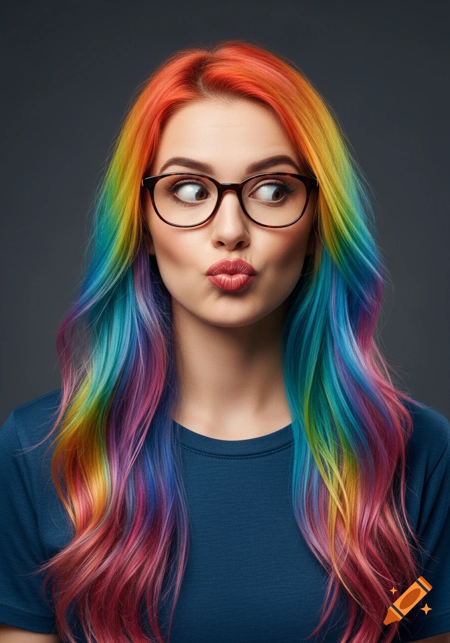 A photorealistic portrait of a young woman with long, flowing rainbow-colored hair, wearing glasses and a blue shirt, making a duckface pout against a dark gray background.