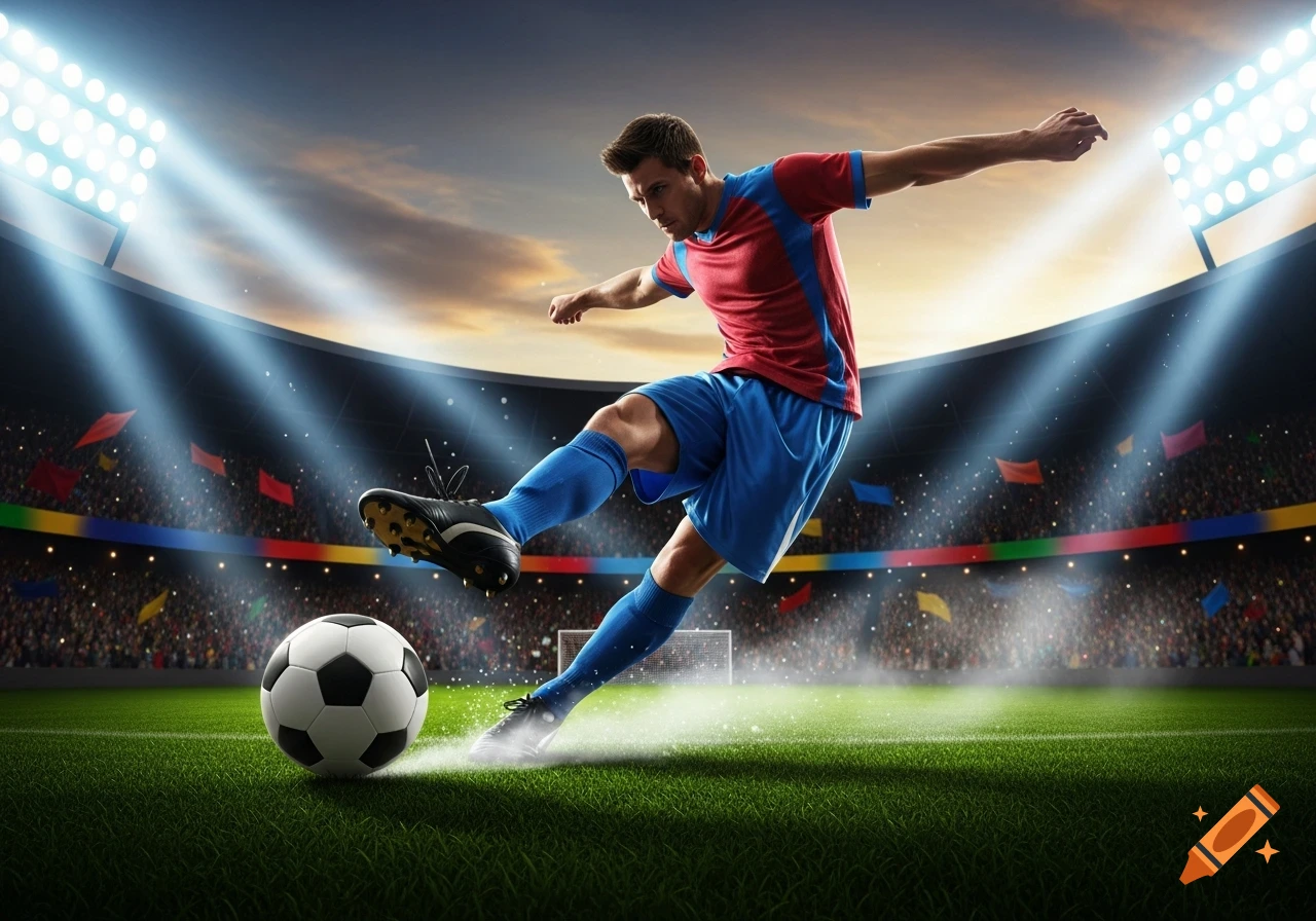 A soccer player in red and blue uniform kicks a ball on a green field in a brightly lit stadium with a crowd.