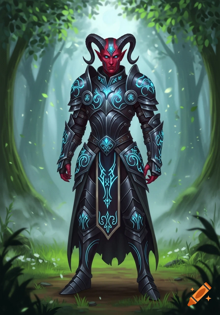 A red-skinned Tiefling in dark fantasy armor with glowing blue patterns and horns stands in a forest.