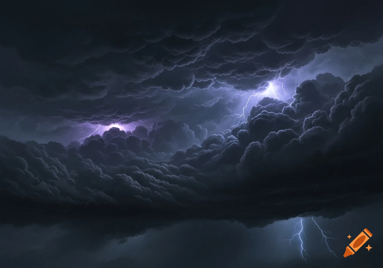 A dramatic, photorealistic image of a dark, stormy sky filled with heavy, turbulent clouds and bright flashes of lightning.