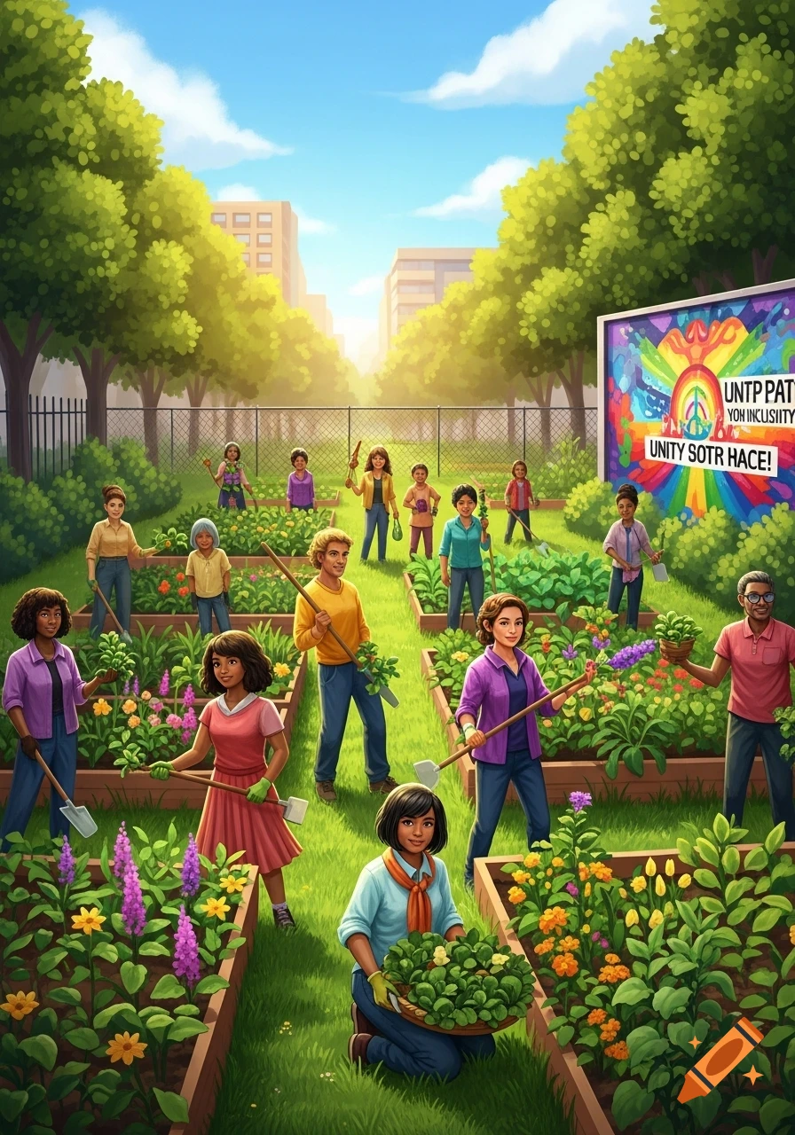 A diverse group of people gardening in a vibrant community garden, with lush plants and a colorful mural in the background.