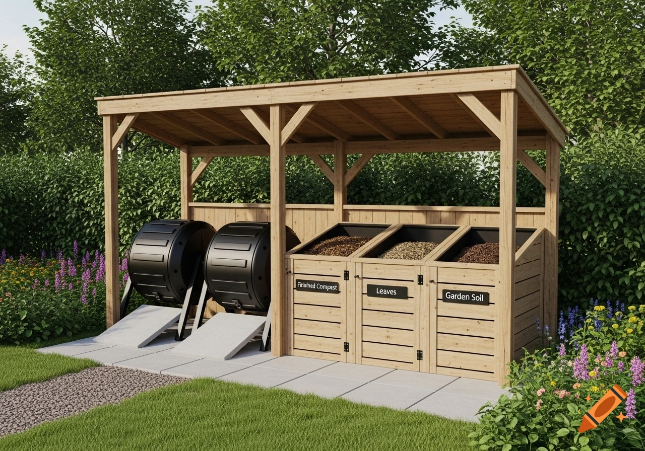 Photorealistic garden composting station featuring two tumblers and three wooden bins under a wooden lean-to roof.