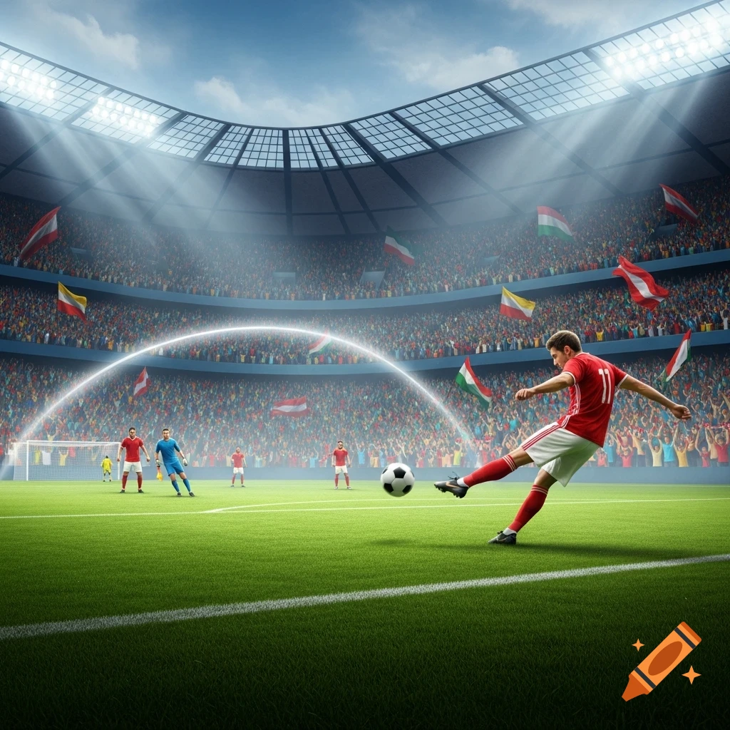 A male soccer player in a red uniform kicks a ball on a green field in a brightly lit stadium full of spectators. Photorealistic.
