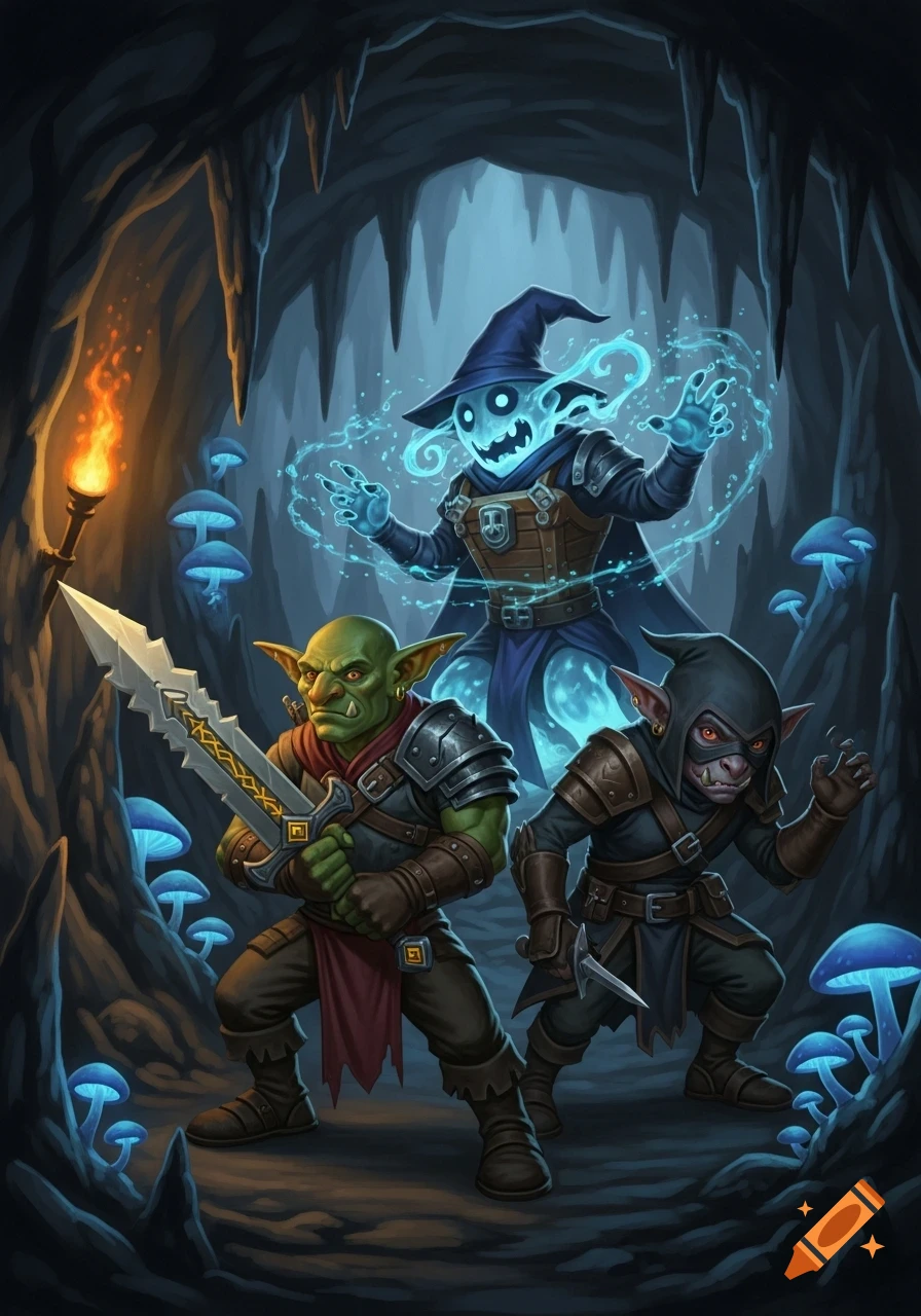 A fantasy illustration of a goblin fighter with a sword, a hooded rogue, and a glowing blue ghost wizard in a dark cave with glowing mushrooms.