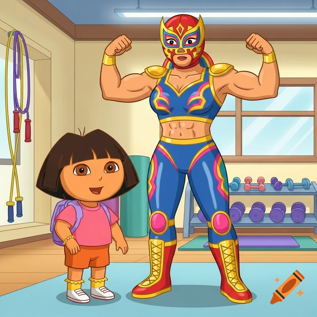 Dora the Explorer stands next to a muscular female masked wrestler flexing in a cartoon gym.