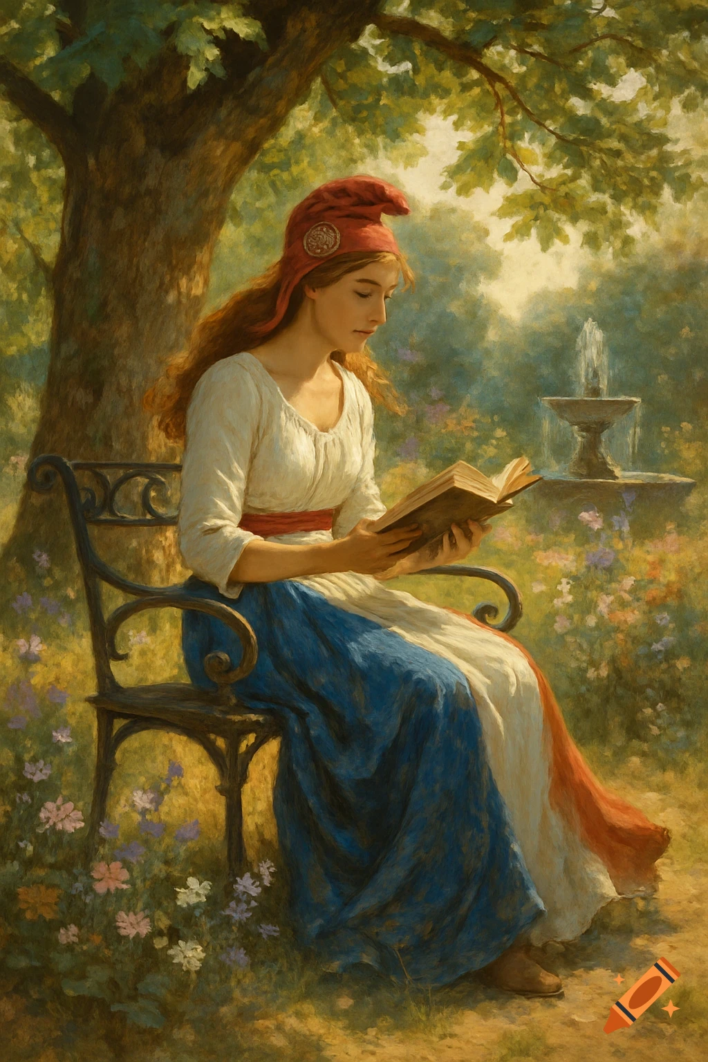 A classical painting depicts a woman in a red cap and a blue, white, and red dress, reading a book on a bench under a tree in a sunlit garden with a fountain.