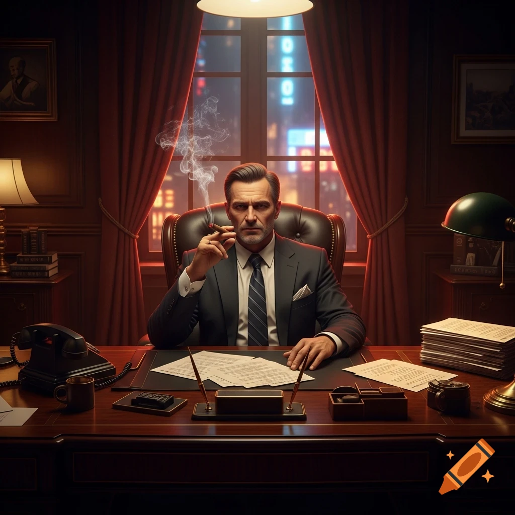 Photorealistic portrait of a serious man in a suit, smoking a cigar at a grand desk in a luxurious office with city lights outside.