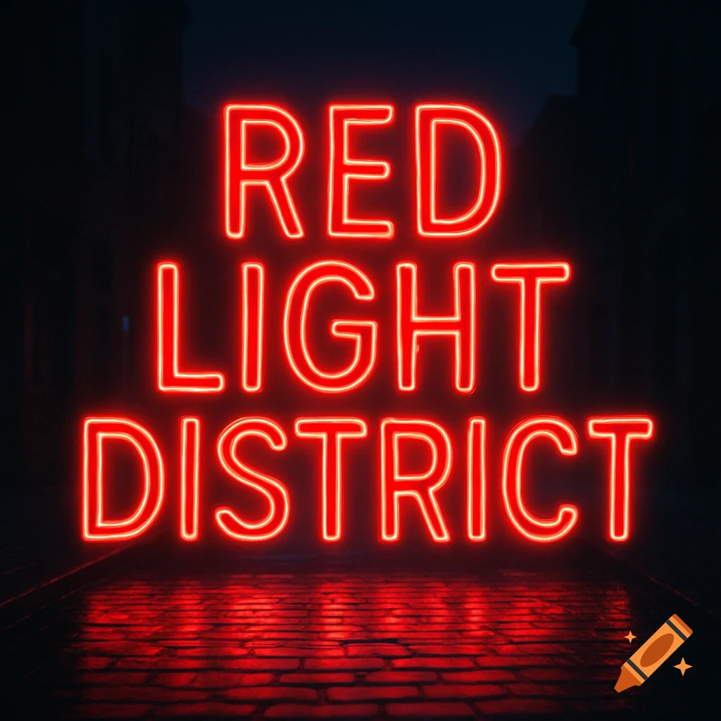 Red neon sign displaying "RED LIGHT DISTRICT" reflecting on a wet cobblestone street at night.