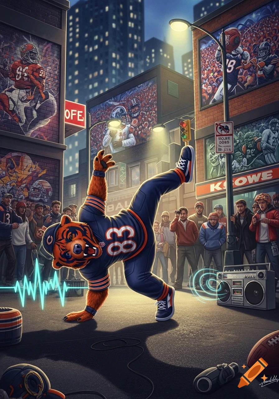 A Chicago Bears mascot breakdances on a city street at night, surrounded by onlookers and buildings with football-themed murals.