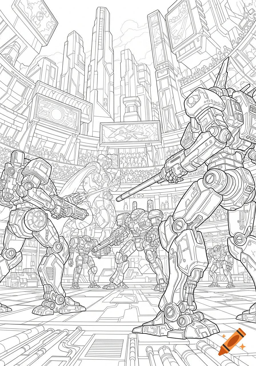 Detailed line art for a coloring book featuring giant mechs battling in a futuristic arena surrounded by towering skyscrapers.