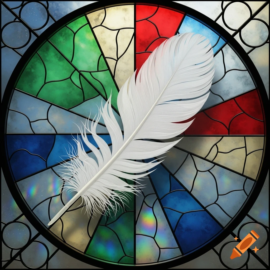 White feather lying diagonally across a vibrant, round stained glass window with multicolored panes.