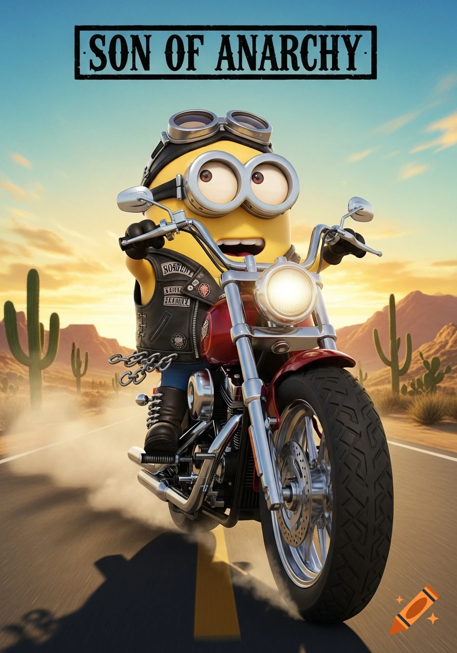 A Minion in a biker vest and goggles rides a red motorcycle down a desert road, with "SON OF ANARCHY" text above.