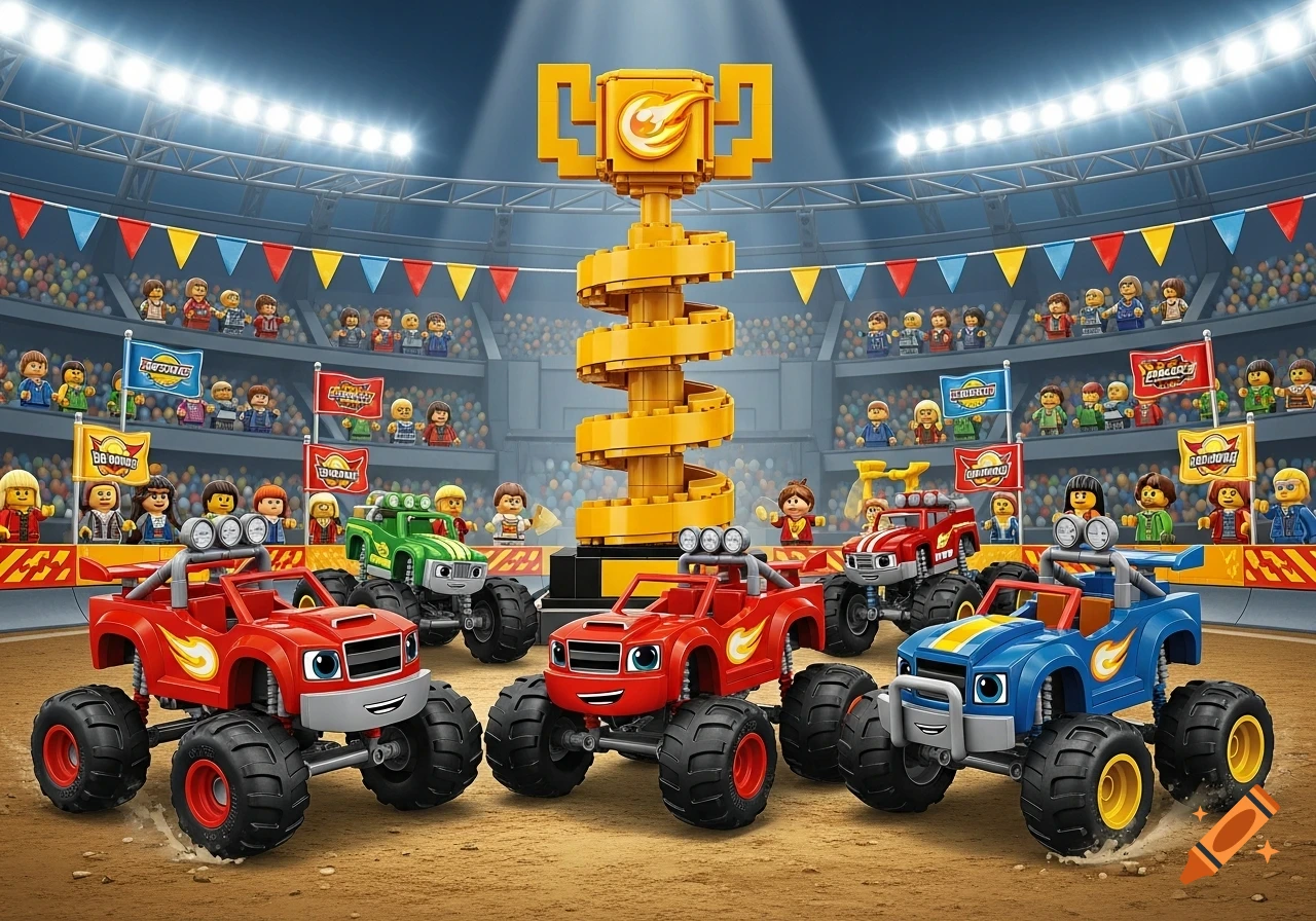 Brick-built monster trucks like Blaze and the Monster Machines in a stadium with a spinning trophy and minifigure crowd.