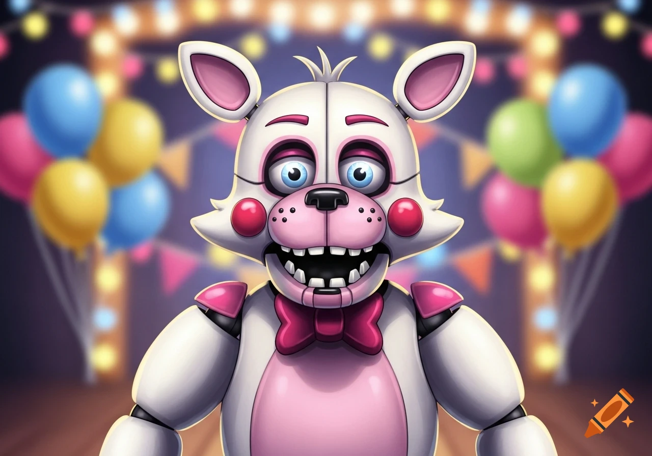 Close-up of the white and pink animatronic Funtime Foxy smiling, with a blurry background of party balloons and lights.
