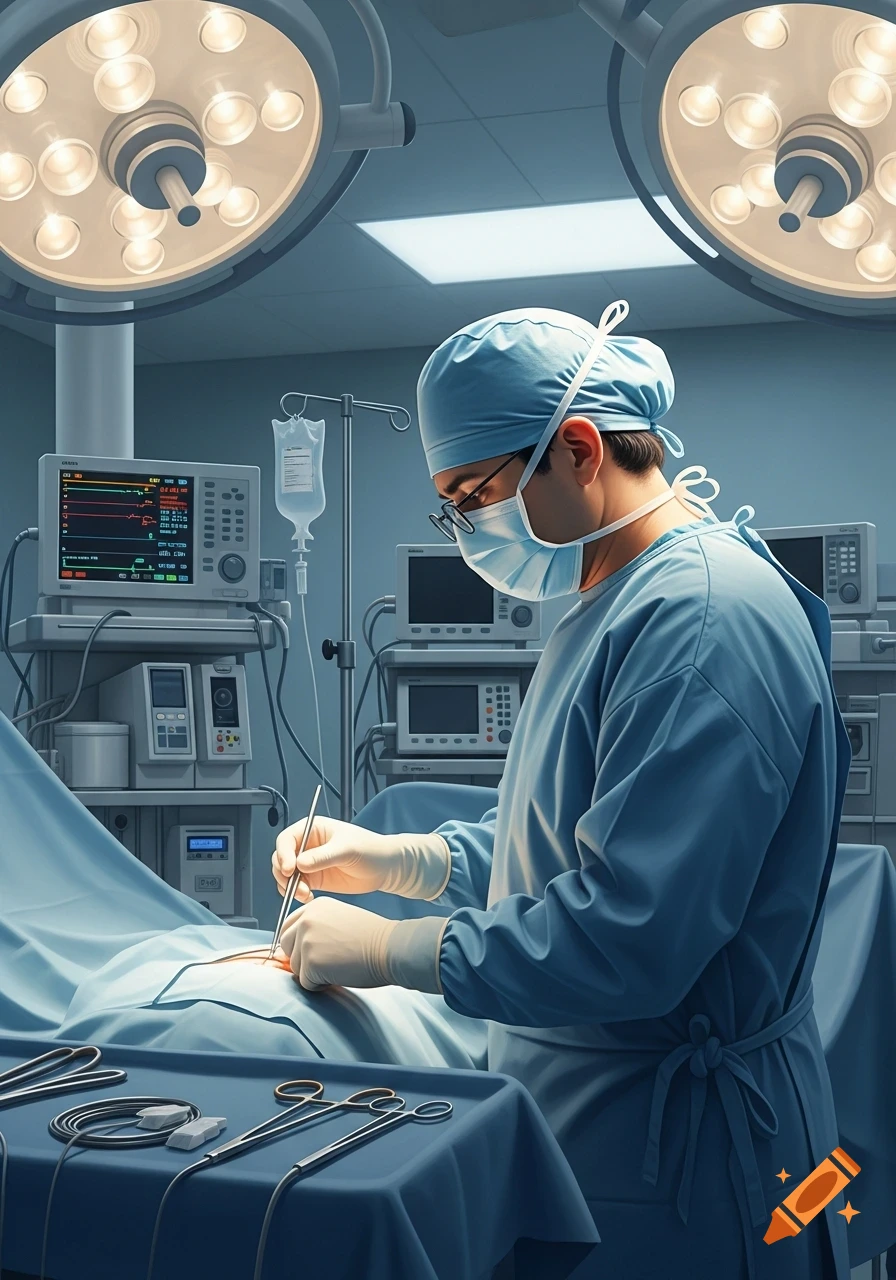A surgeon in blue scrubs, mask, and cap performs surgery under bright lights in an operating room, surrounded by medical equipment.