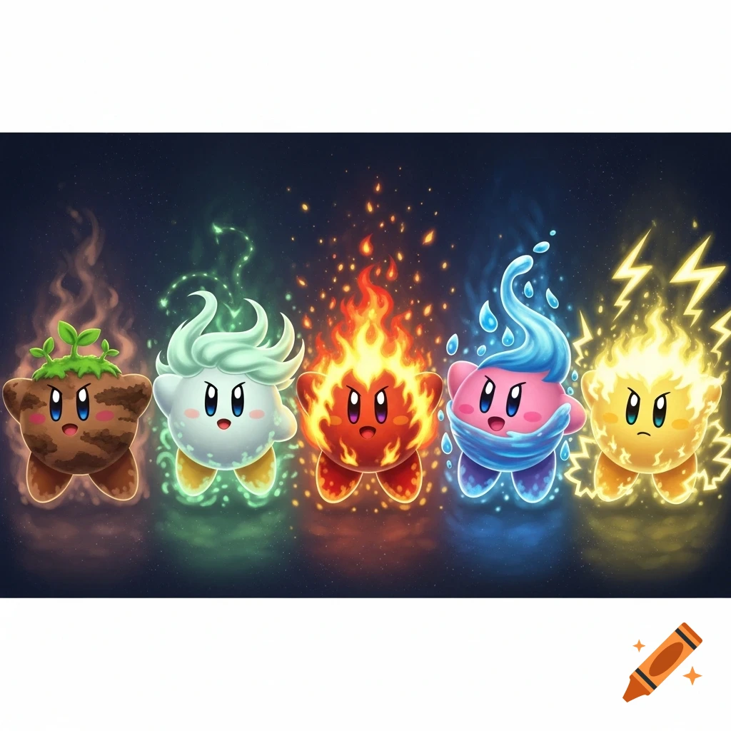 Five cute, stylized elemental Kirby-like characters (Earth, Wind, Fire, Water, Lightning) glow against a dark, starry background.