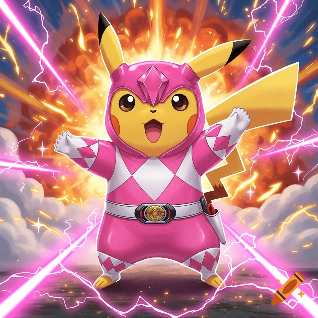 Pikachu dressed as the Pink Power Ranger stands with arms out amidst a vibrant explosion of pink lightning and fire.