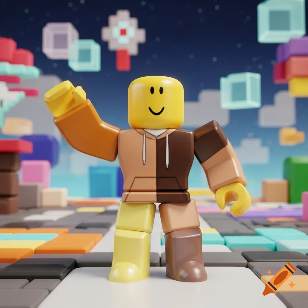 A Roblox character with a split brown hoodie, yellow head, and multi-colored limbs waves in a blocky, colorful world.