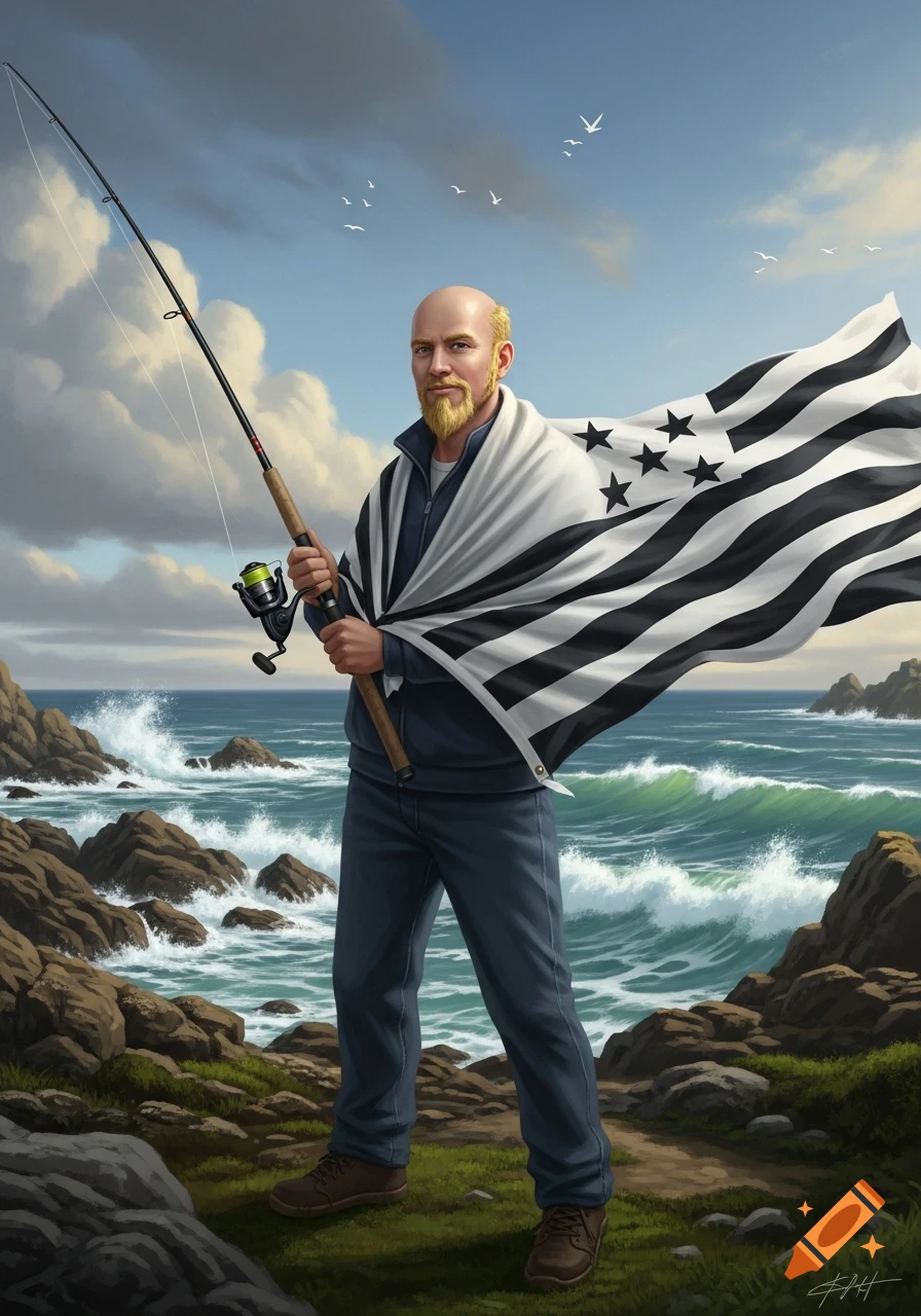 A bald man with a blond goatee holding a fishing rod, wrapped in a Breton flag, stands on a rocky coast with crashing waves.